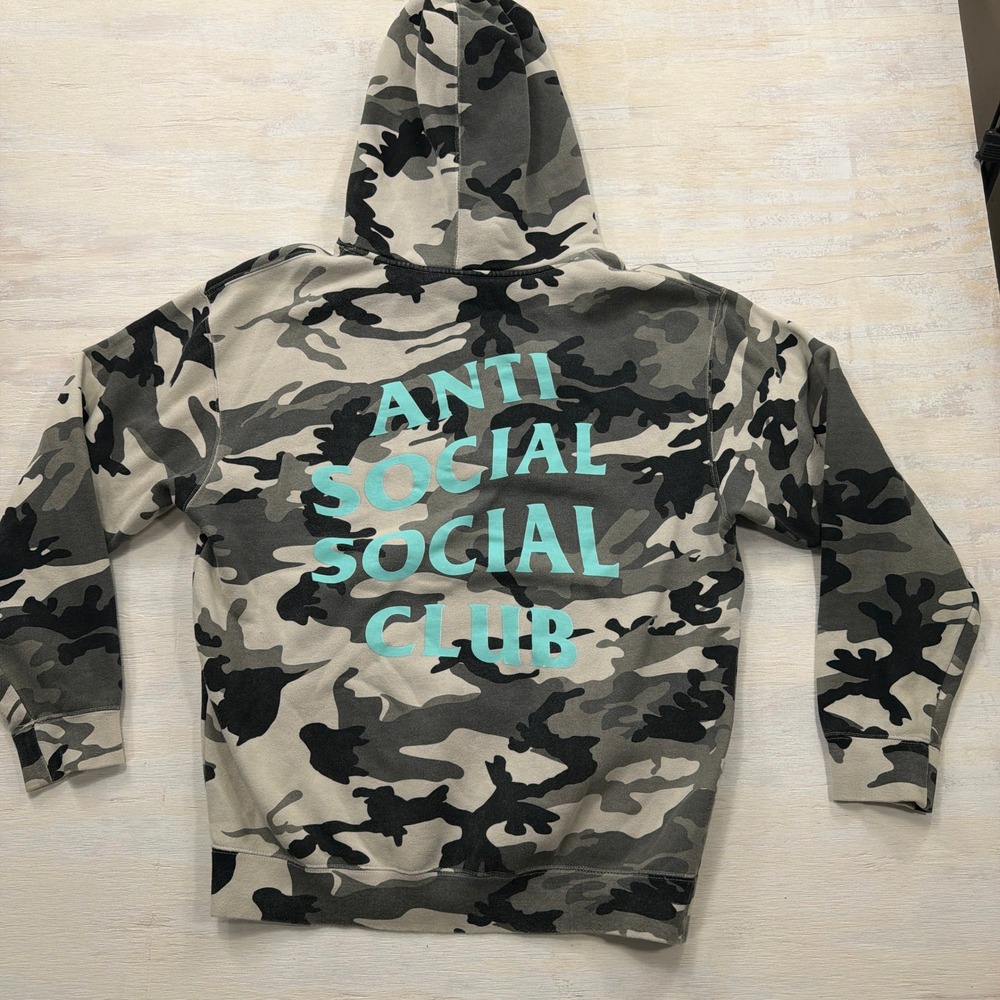 Anti Social Social Club Hoodie Medium Camo Teal Logo Pullover Mens Grey Black